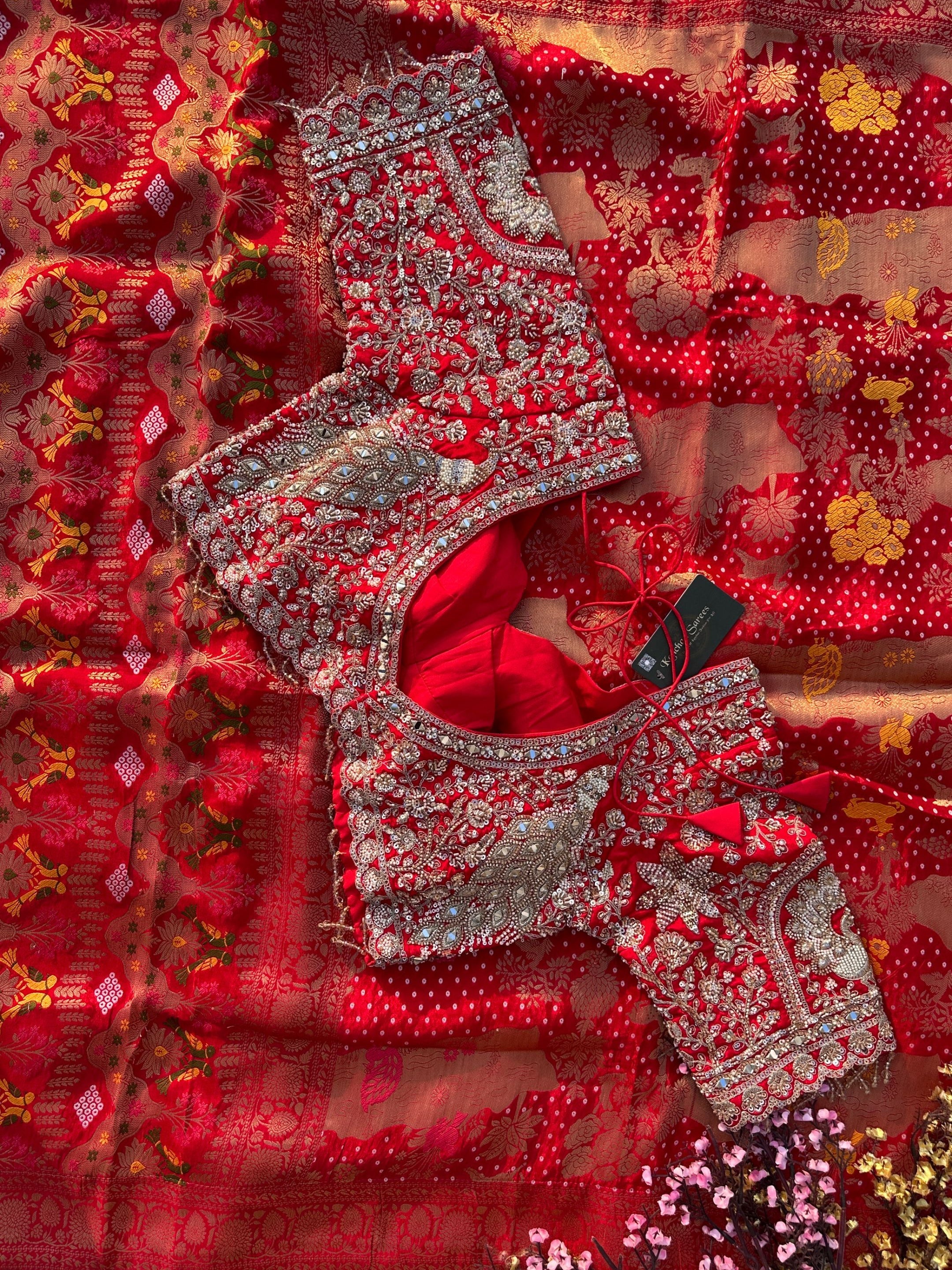 Red Crepe Saree with Blouse with Cutdana, Zari, Sequins, Mirror, Pearl and Weaving Embroidery 12
